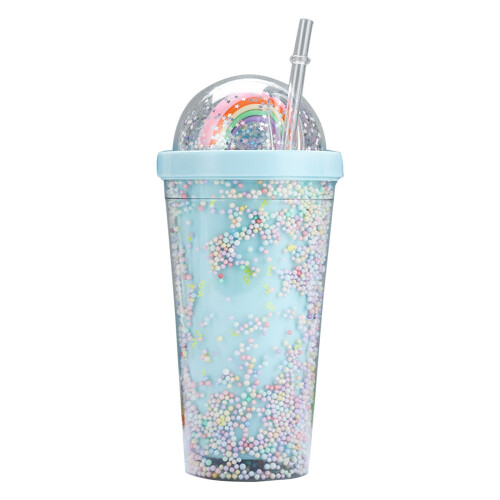 Rainbow Bubble Straw Cup 500ml Double-Layer Plastic