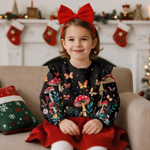 Girls Ruffle Sweatshirt Long Sleeve Mushroom Print Pullover 1