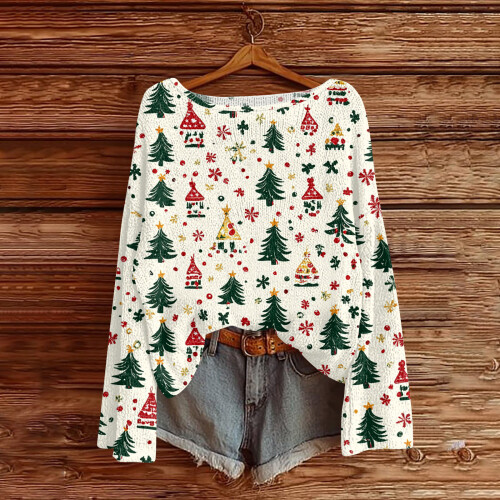 Women's Christmas Print Knit Pullover Top Polyester Spandex 1