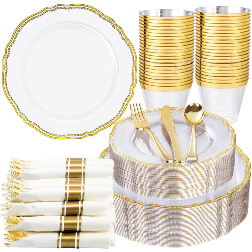 Blue and Gold Plastic Plates Set 350 Pieces 1