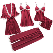 Women's Silk Pajama Set Burgundy 5-Piece 3XL