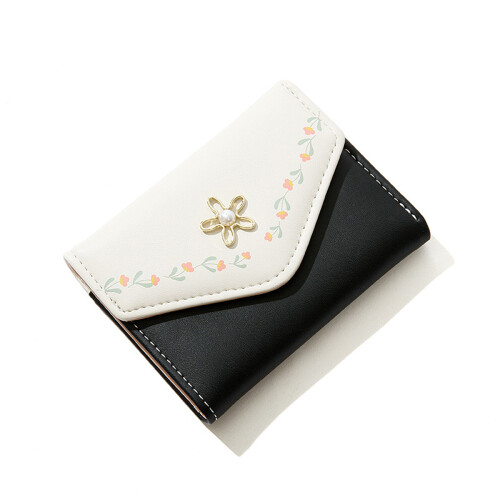 Women's Tri-Fold Wallet PU Leather Slim Black