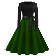 Vestido feminino retrô com estampa vintage, cintura com amarração e zíper.