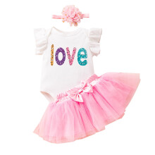 Baby girl romper dress set with ruffle sleeves and bow pink