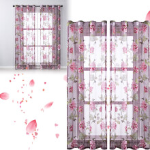 Pink floral sheer curtains leaf print faux linen voile 2