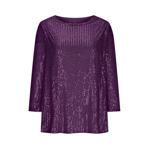 Women's Sequin Blouse Round Neck 3/4 Sleeve 2