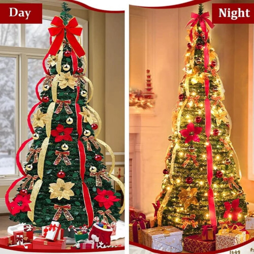Pre-lit Pop-up Christmas Tree Red Gold Decor 6 ft 2