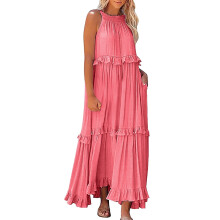 Boho-Maxikleid für Damen, einfarbig, ärmellos, mit Rüschenausschnitt