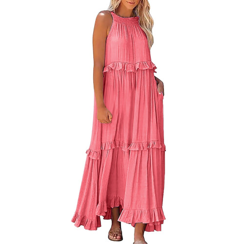 Boho-Maxikleid für Damen, einfarbig, ärmellos, mit Rüschenausschnitt