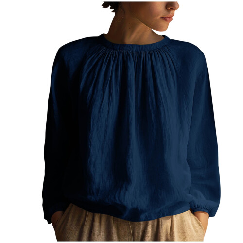 Women's Solid Round-Neck Pleated Long-Sleeve Top 1