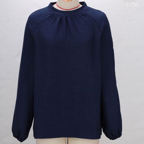 Women's Solid Round-Neck Pleated Long-Sleeve Top 2