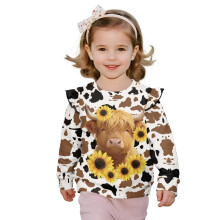 Kids Highland Cow Print Pullover Hoodie Ruffle Sleeve 1-8