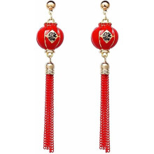 Chinese Red Lantern Tassel Drop Earrings Sterling Silver 1