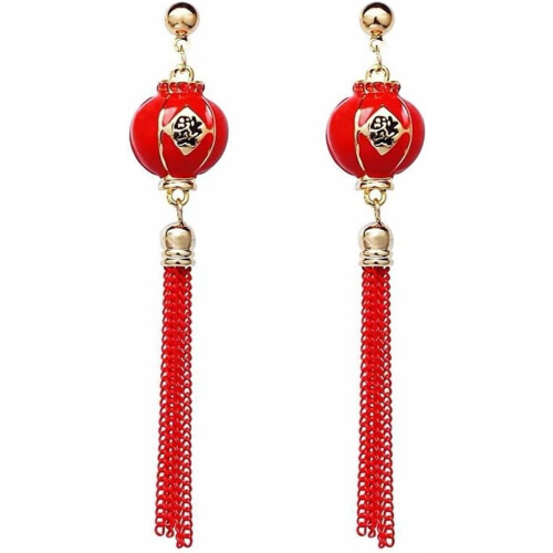 Chinese Red Lantern Tassel Drop Earrings Sterling Silver 1