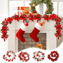Red Poinsettia Rattan Garland 6.56 Ft Indoor Outdoor