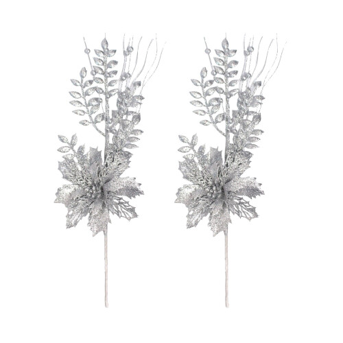 Plastic Simulated Christmas Flowers Silver 2 Pcs 2