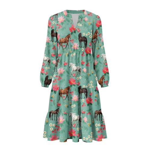 Blumen-Pferde-Midikleid Damen V-Ausschnitt Langarm Größe L 1