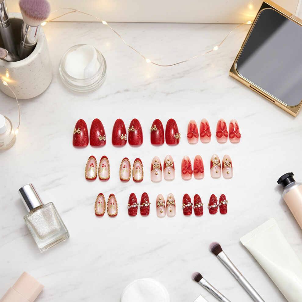 Roc-Electron 3D Bow Almond False Nails - 30Pcs For Wedding & Party