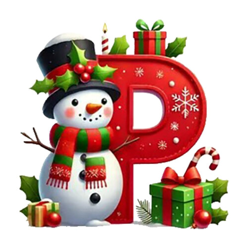Red Initial Christmas Ornament Acrylic Snowman with Green 1