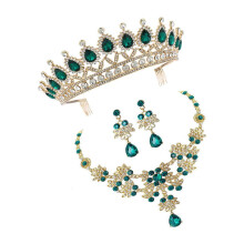 Green Crown Necklace and Earrings Set Zinc Alloy Rhinestone