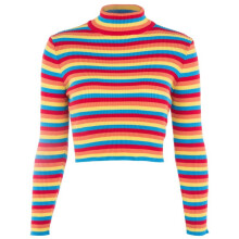 Women's Turtleneck Sweater Long Sleeve Rainbow Stripes Crop