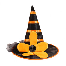 (Yellow) Striped Floral Black Gauze Witch Hat, Halloween Decor Witch Hat for Ladies