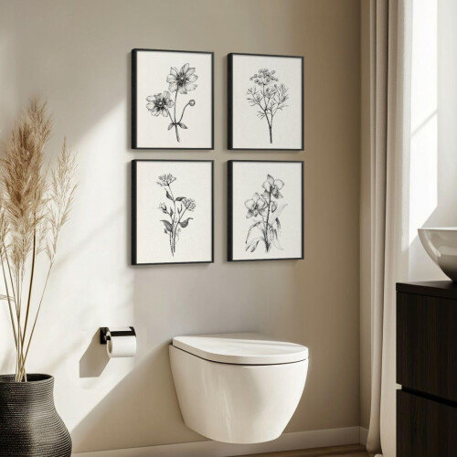 Boho Vintage Botanisk Väggkonst Set 4-Delad Svartvit Canvas 1