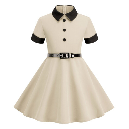 Mädchen Herbstkleid Beige S, einfarbig, langärmelig, tailliert, Größe 2