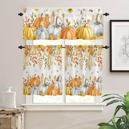 Gyllene orangea höstgardiner för kök med stångficka, 86 cm 1