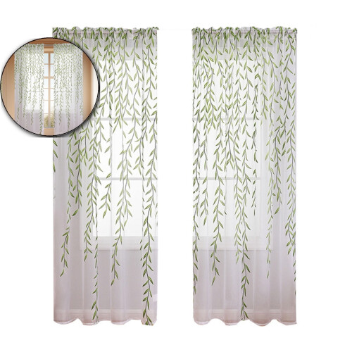 Willow Leaf Voile Curtains Sheer Green 2 Pcs