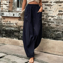Pantalon décontracté uni pour femme, taille élastique, jambes larges, bleu marine