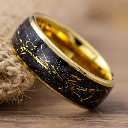 Men's Tungsten Wedding Ring Black Meteorite Golden Leaf 1
