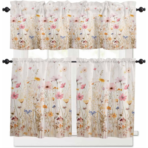 Spring Floral Kitchen Curtains Set with Valances 24 inch 1