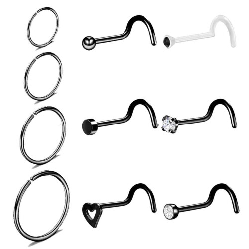 Nose Hoop Rings CZ Black 10PCS
