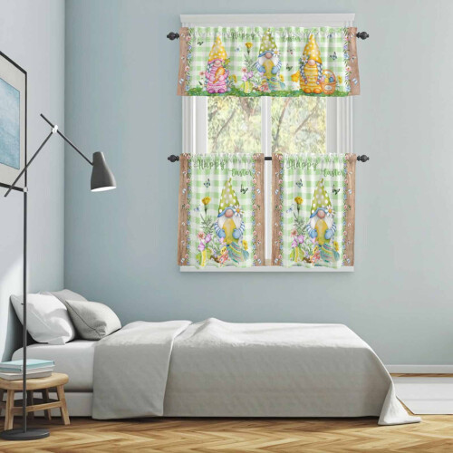 Easter Gnome Kitchen Curtains and Valance Set Pink Flowers 1