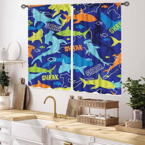 Κουρτίνες Shark σε μπλε χρώμα με σχέδιο ζώων Ocean Animal Design2Panels 1