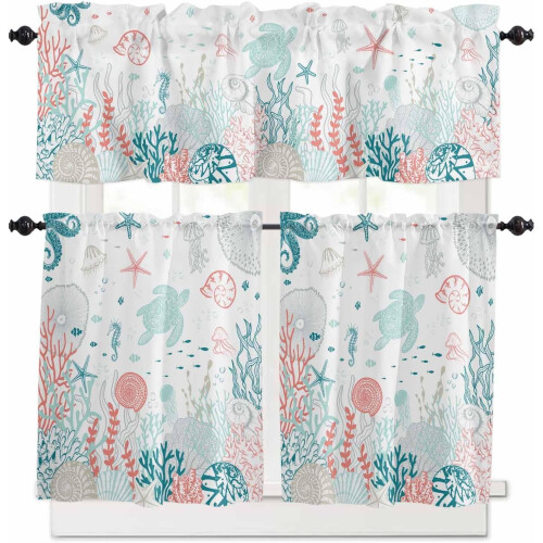 Coastal Kitchen Curtains Set with Valances Teal Red 1