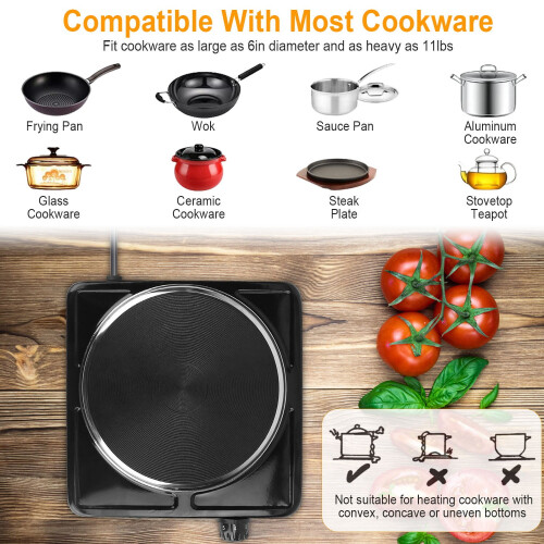 Electric Countertop Burner 1500W Black with 5 Temp Settings 1
