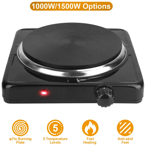 Electric Countertop Burner 1500W Black with 5 Temp Settings 2