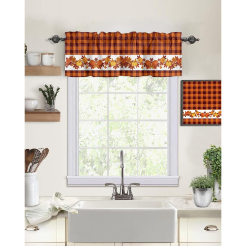 Fall Valance Maple Pumpkin Buffalo Check Brown Orange 54x18 1