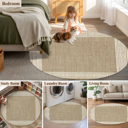Tapis rond vintage marron clair 90 cm, motif Grèce 2