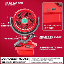 Cordless Clip- Fan (Battery Not Included), Camping,Outdoor,Job Site & Bedroom, 2-Speed, 270 &300 Rotation