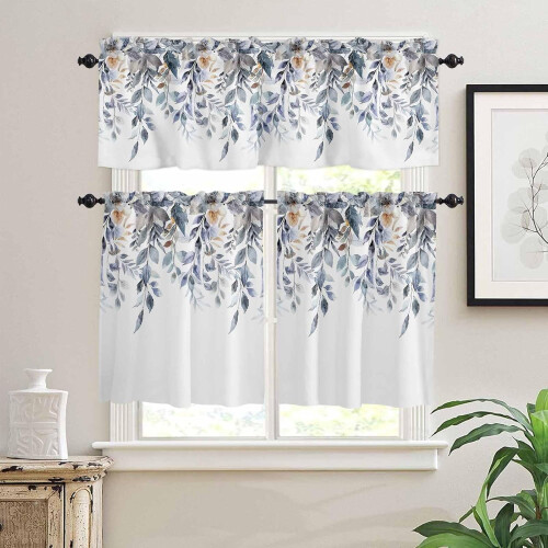 Ensemble de rideaux de cuisine de Noël en eucalyptus bleu, 3 pièces 2