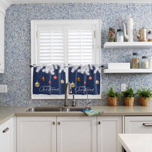 Blue Christmas Kitchen Curtains Set with White Pine and 1