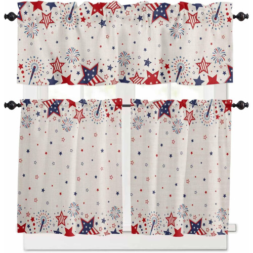 Red and Blue Star 4th of July Kitchen Curtains Set Rustic 1