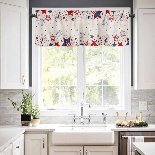 Red and Blue Star 4th of July Kitchen Curtains Set Rustic 2
