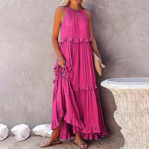 Boho-Maxikleid für Damen, einfarbig, ärmellos, mit Rüschenausschnitt 2
