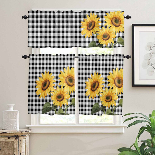 Sunflower Kitchen Curtains and Valances Set Black White 1