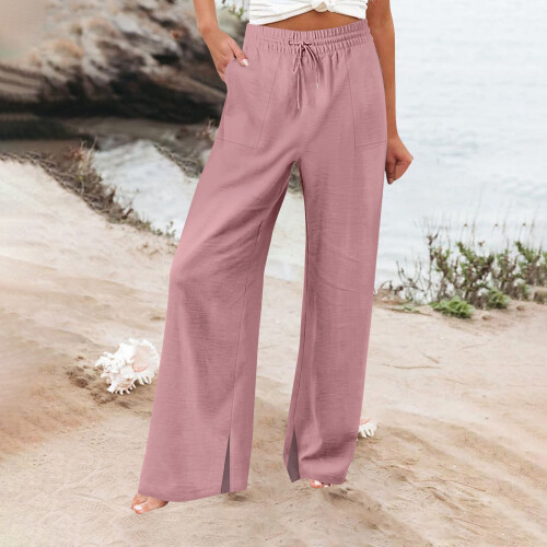 Pantaloni da donna rosa in cotone e lino a gamba larga e vita alta con 2