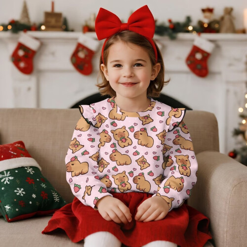 Girls' Strawberry Capybara Sweatshirt Long Sleeve Oversized 1
